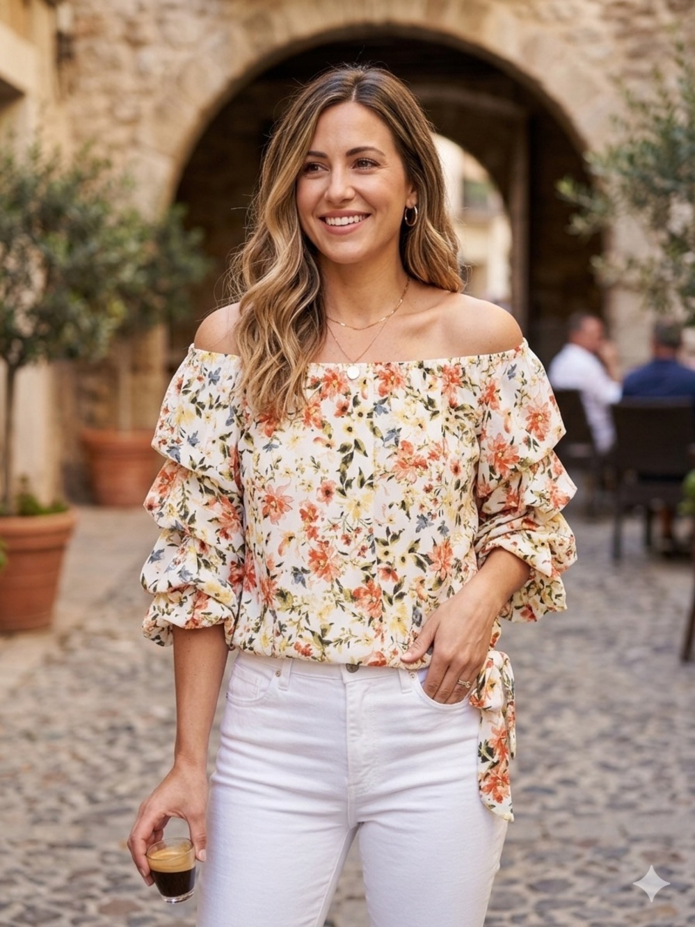 CeCe Cream Floral Off-Shoulder Tie-Hem Blouse
